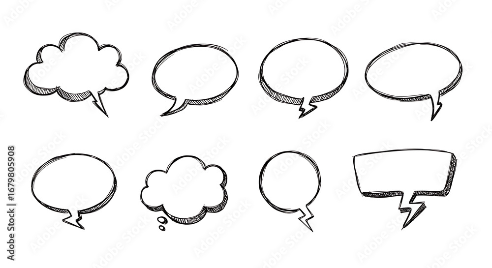 Fototapeta premium Eight abstract shapes with white outline isolated on transparent background