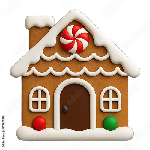 3D plastic festive gingerbread house icon with candy cane roof and gumdrop accents isolated on transparent background for holiday design projects high quality