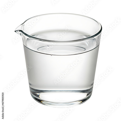 Clear glass beaker filled with transparent liquid showing measurement lines transparent background