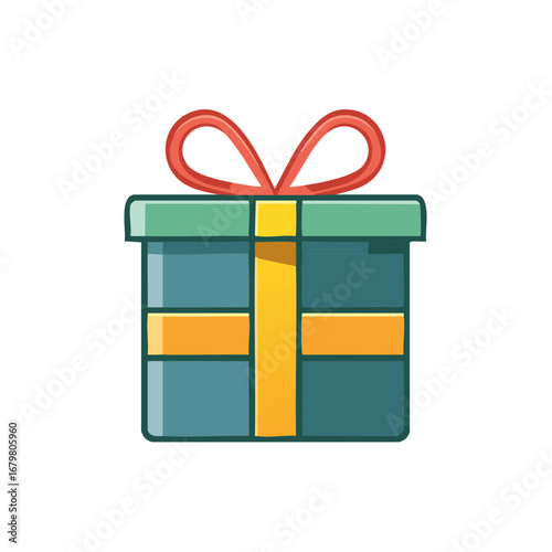 Illustrated Gift Box with Ribbon Decoration Teal Orange and Red