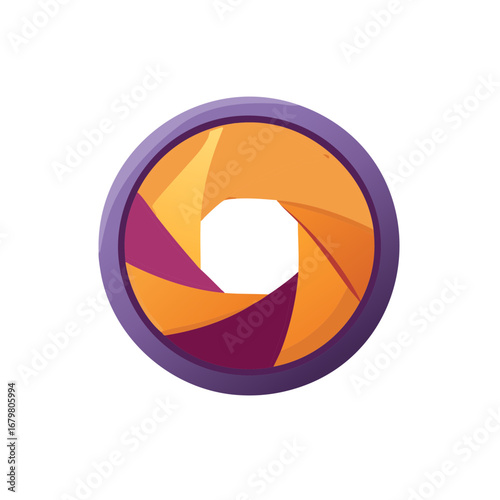 Abstract colorful aperture design in purple and orange with a central white circle, isolated on white.
