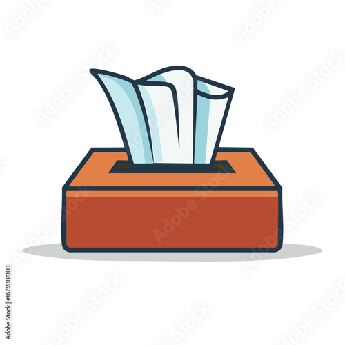 Cartoon illustration of tissue box with tissues sticking out, clean and simple