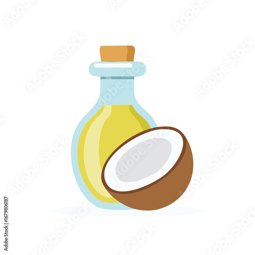 Coconut oil in a bottle with a coconut half vector illustration, healthy cooking ingredient, cosmetic use