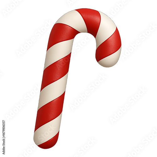 3D plastic curved candy cane icon with red and white stripes and hook shape isolated on transparent background for christmas design