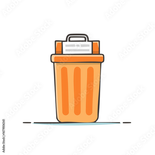 Orange trash can with paper in the lid, simple cartoon illustration