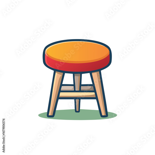 Colorful Cartoon Stool with Round Orange Seat and Wooden Legs Modern Furniture Illustration