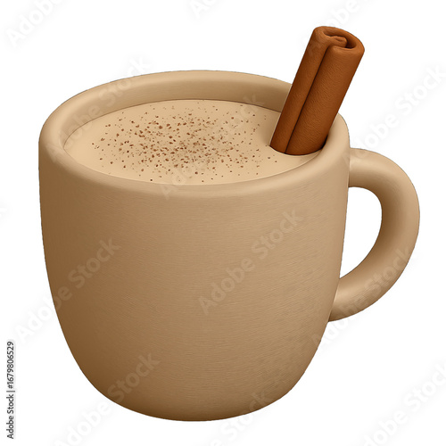 3D plastic creamy eggnog icon with cinnamon stick and nutmeg sprinkle isolated on transparent background for holiday drink design