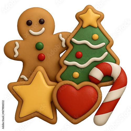 3D plastic assorted christmas cookies icon with star tree and gingerbread man shapes isolated on transparent background for holiday design projects
