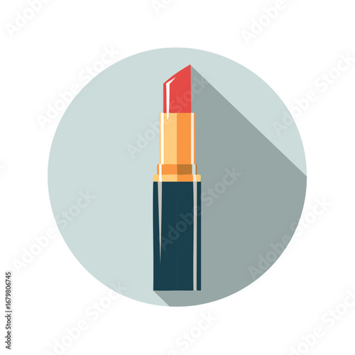 Elegant red lipstick with a gold tube and a deep blue case in a gray circle with a long shadow