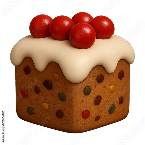 3D plastic dense fruitcake icon with candied fruits and nut toppings isolated on transparent background for traditional christmas design