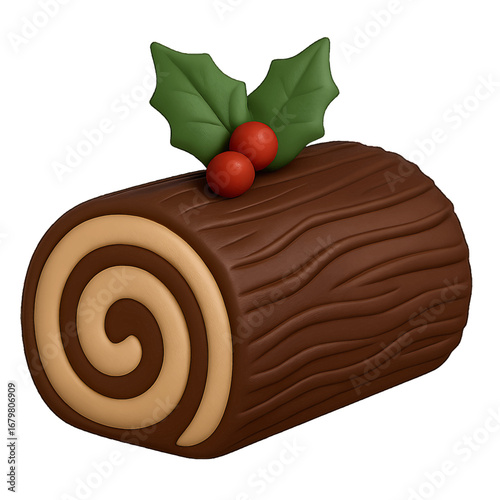 3D plastic chocolate yule log icon with wood texture and berry decorations isolated on transparent background for holiday dessert design