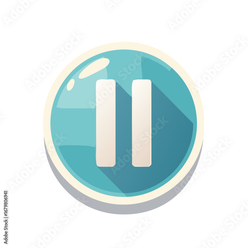Glossy teal blue pause button icon with flat design shadow for modern user interface control