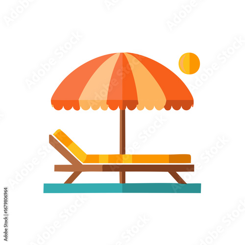 Beach chair and umbrella icon for a relaxing summer vacation, holiday travel, and sunbathing