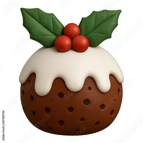 3D plastic traditional Christmas pudding icon with glossy sauce and holly garnish isolated on transparent background for festive design projects high quality
