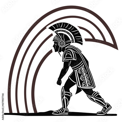Ancient mask glowing under neon arch silhouette