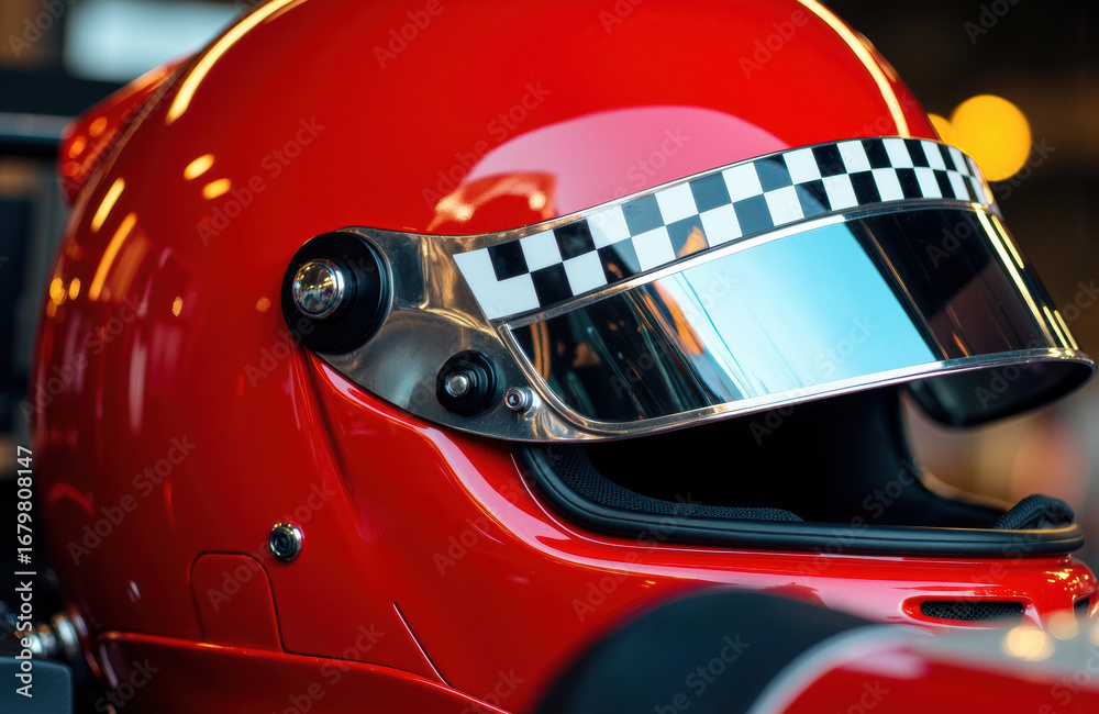 Naklejka premium Close-up of a red racing helmet with a checkered stripe and reflective visor