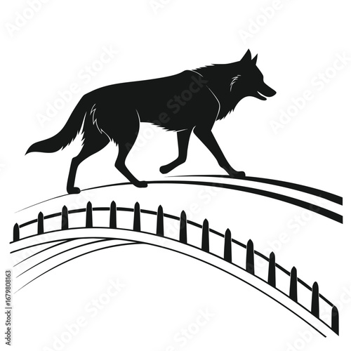 Wolf running across glowing bridge silhouette