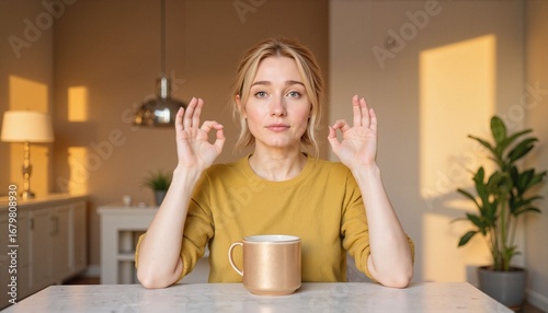 Young woman meditating with tea cup at home in warm sunlight  