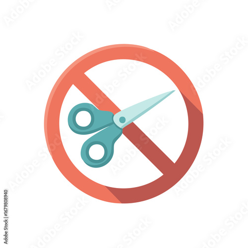 No Scissors Sign with Red Circle and Diagonal Line Flat Design Icon