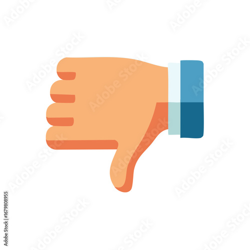 Orange hand giving thumbs down gesture with blue cuff against white background