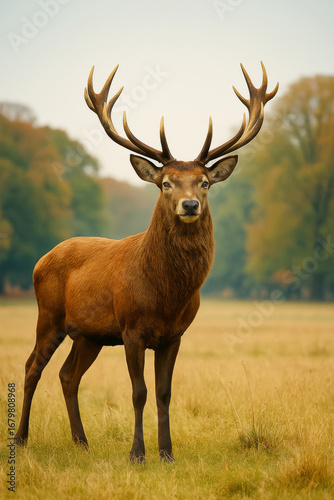   AI-Generated image of a majestic stag standing tall in a golden grassy meadow.