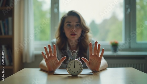 Young woman looking anxious while sitting at table with stopwatch  