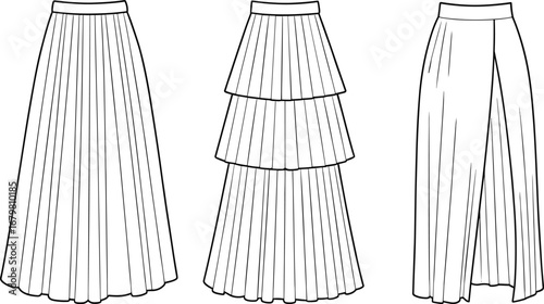 Long pleated skirt, tiered skirt design, front slit skirt, fashion CAD sketch, garment flat vector, technical illustration, apparel drawing