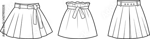 Pleated mini skirt, ruffled waistband skirt, buttoned pleated skirt, fashion CAD sketch, garment flat vector, technical illustration, apparel drawing