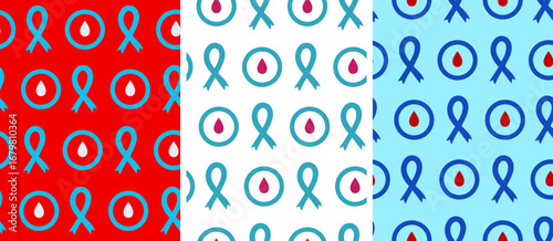 diabetes awareness posters collection with repeating vector elements including blue ribbon and red blood drop symbols