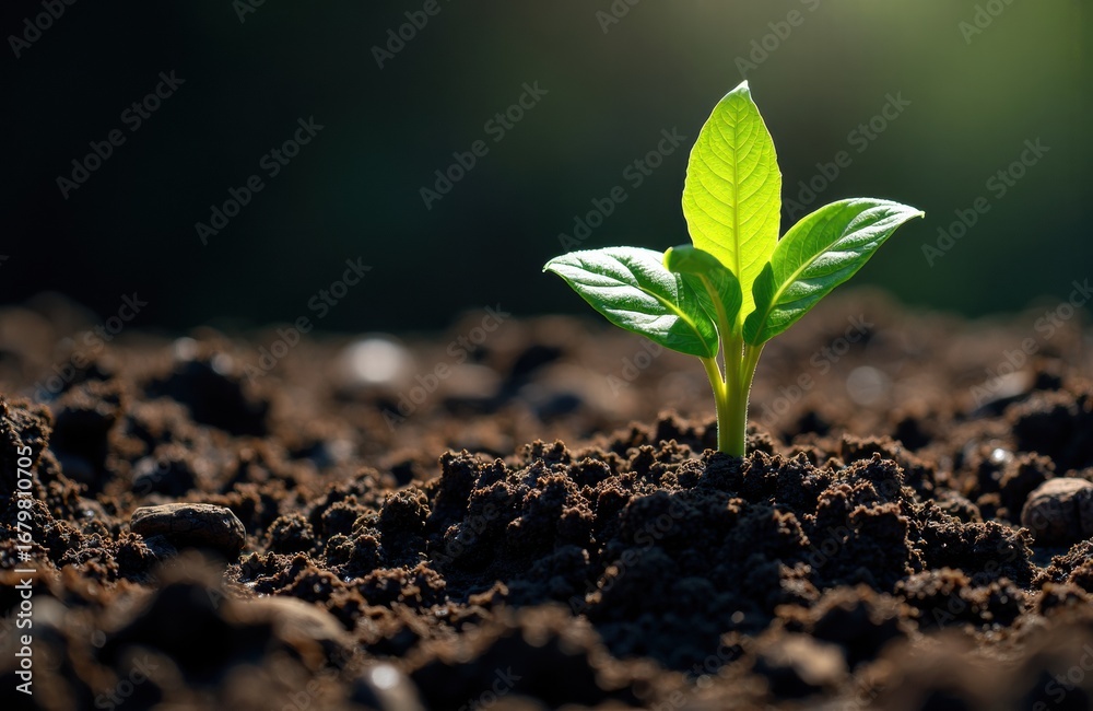 Fototapeta premium A young green plant sprouting from dark soil in natural sunlight