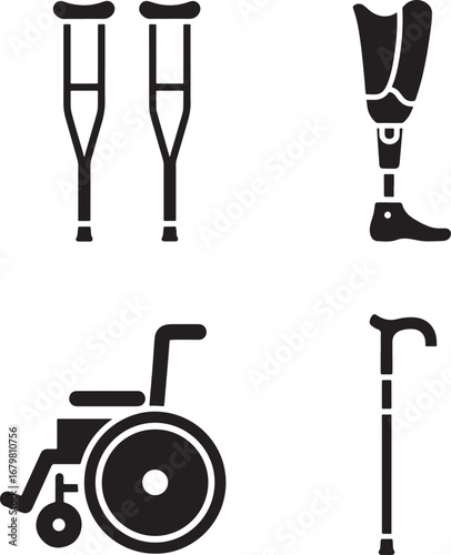 Medical assistive devices icons crutches prosthetic leg wheelchair and cane representing mobility and disability support silhouette