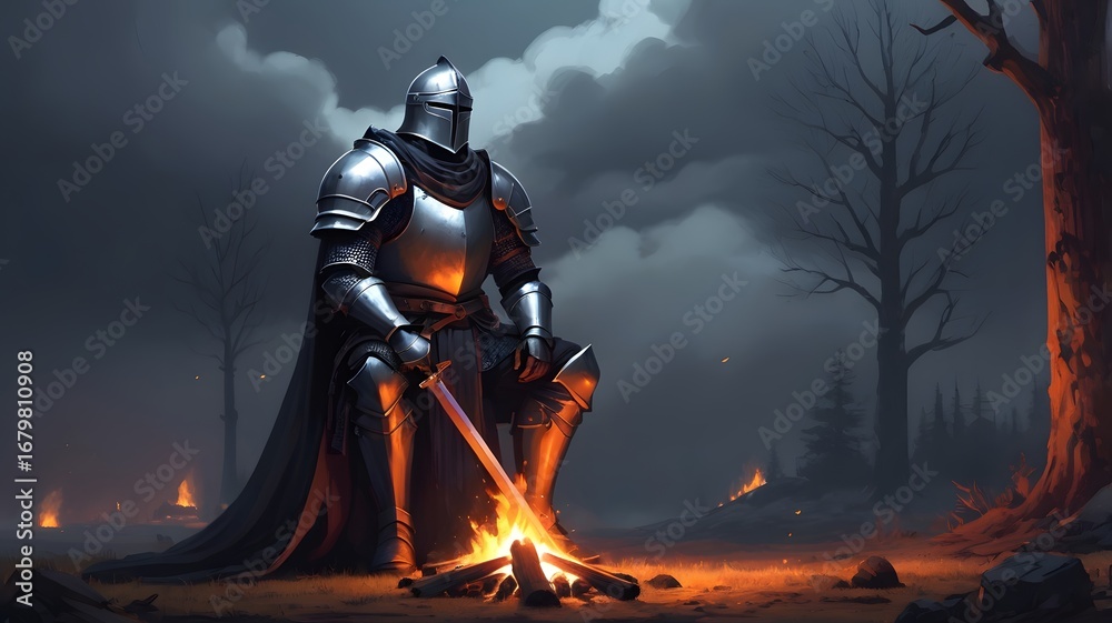 Naklejka premium knights with campfire in the beautiful night