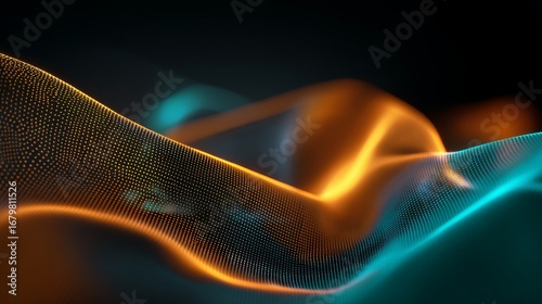 Abstract digital artwork with flowing waves of glowing dots in vibrant orange and teal blue,