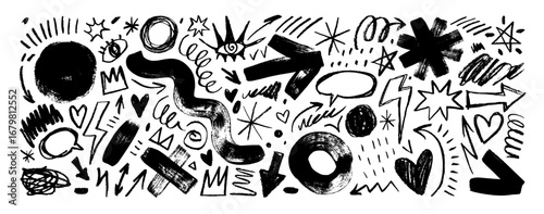 Punk and rock style crayon drawn shapes and doodles. Bold brush drawn wave, arrow, circle and cross. Graffiti doodle tattoo shapes. Funky crayon punk stickers. Graphic illustration.