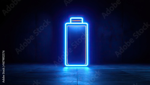 A vibrant neon blue and orange battery icon illuminates a dark  space, creating a striking visual effect.