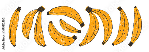 Banana fruit crayon doodle icon set. Funky playful yellow banana stickers with pencil texture. Naive hand drawn fruit collection. Vector cute childish illustration. Kid drawings.