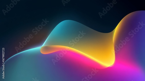 Abstract digital artwork featuring smooth flowing shapes with vibrant teal yellow purple and magenta waves overlapping o