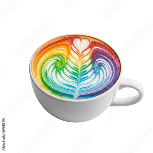 Rainbow latte art in a white cup isolated on transparent background