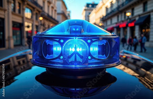 A close-up of a blue police siren light mounted on a vehicle in an urban street scene