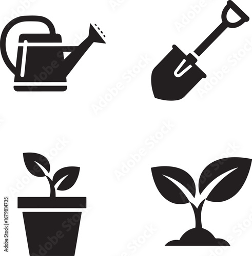 Gardening icons set watering can shovel potted plant seedling growth plant care tools silhouette