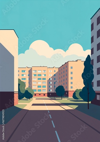 Stylized Urban Landscape with Apartment Buildings, Road, and Greenery