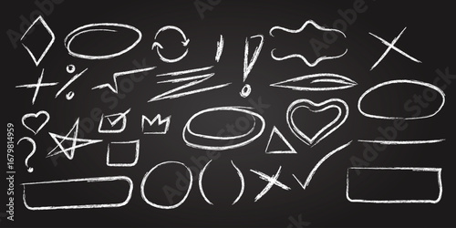 Chalkboard with hand drawn shapes and symbols for education and design elements on a dark background