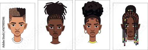 Four cartoon portraits of black individuals with different hairstyles on transparent background