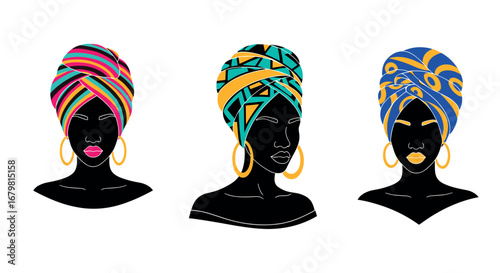 Three silhouetted women with colorful headwraps and gold hoop earrings on transparent background