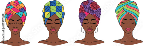 Four women with colorful headwraps illustration on transparent background