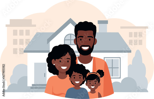 Illustration of an african american family in front of a house on transparent background