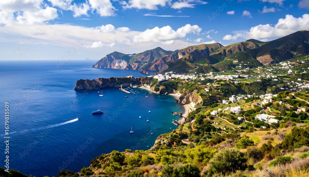 Obraz premium A breathtaking coastal vista showcasing a picturesque Mediterranean town nestled amongst lush hillsides and a serene blue sea.