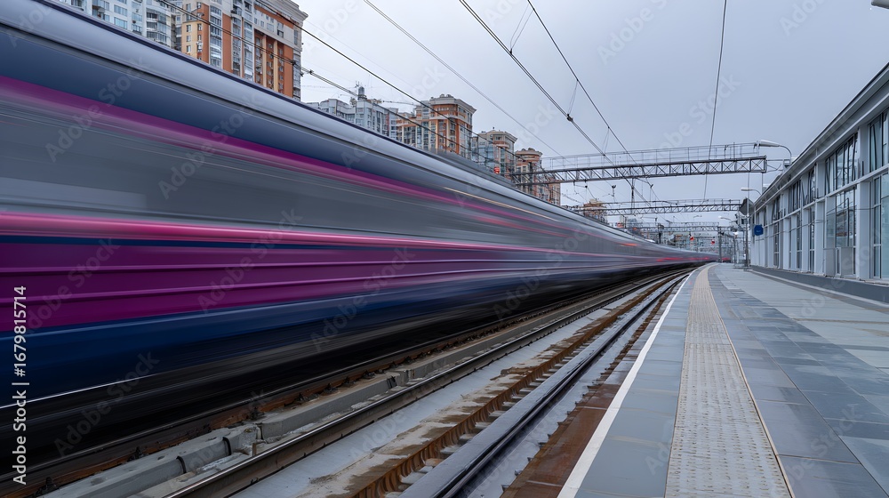 Naklejka premium Modern high-speed train on the platform of a railway station. Blurred motion.