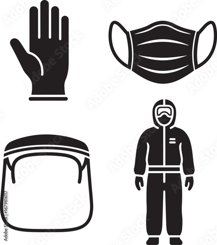 Personal protective equipment icons set for health and safety pandemic prevention silhouette
