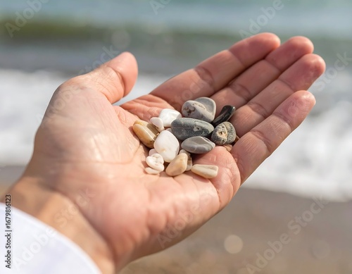 Handful of colorful pebbles on a beach